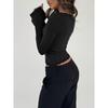2026 New Women's Long-Sleeve T-Shirt with Lace Trim, Tie-Up V-Neck, Cropped Solid Color Top