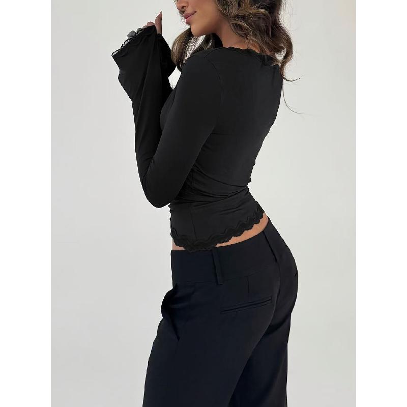 2026 New Women's Long-Sleeve T-Shirt with Lace Trim, Tie-Up V-Neck, Cropped Solid Color Top