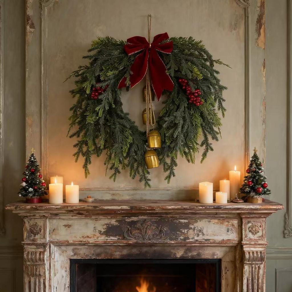 19.7In Artificial Christmas Wreath With Bell Xmas Garland Multifunctional With Red For Indoor Outdoor Decor Sturdy