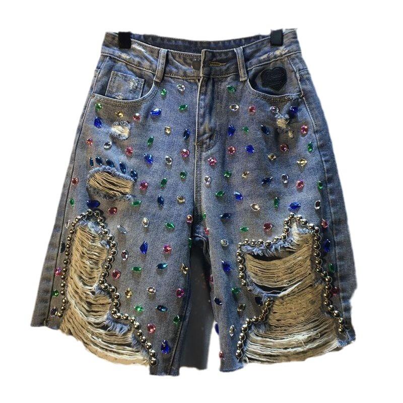 Jeans Hole Shorts Women Summer Short Pants High Waist Stretch Distressed Washed Diamonds Streetwear Straight Denims