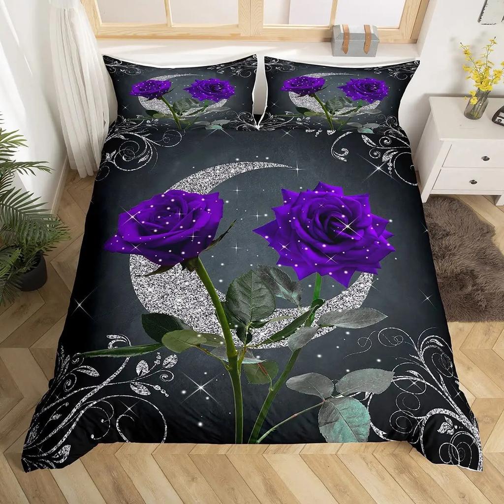 Pink Rose Duvet Cover Set Queen Size 3D Printed Rose Floral Bedding Set Botanical Blossom Flowers Microfiber Comforter Cover