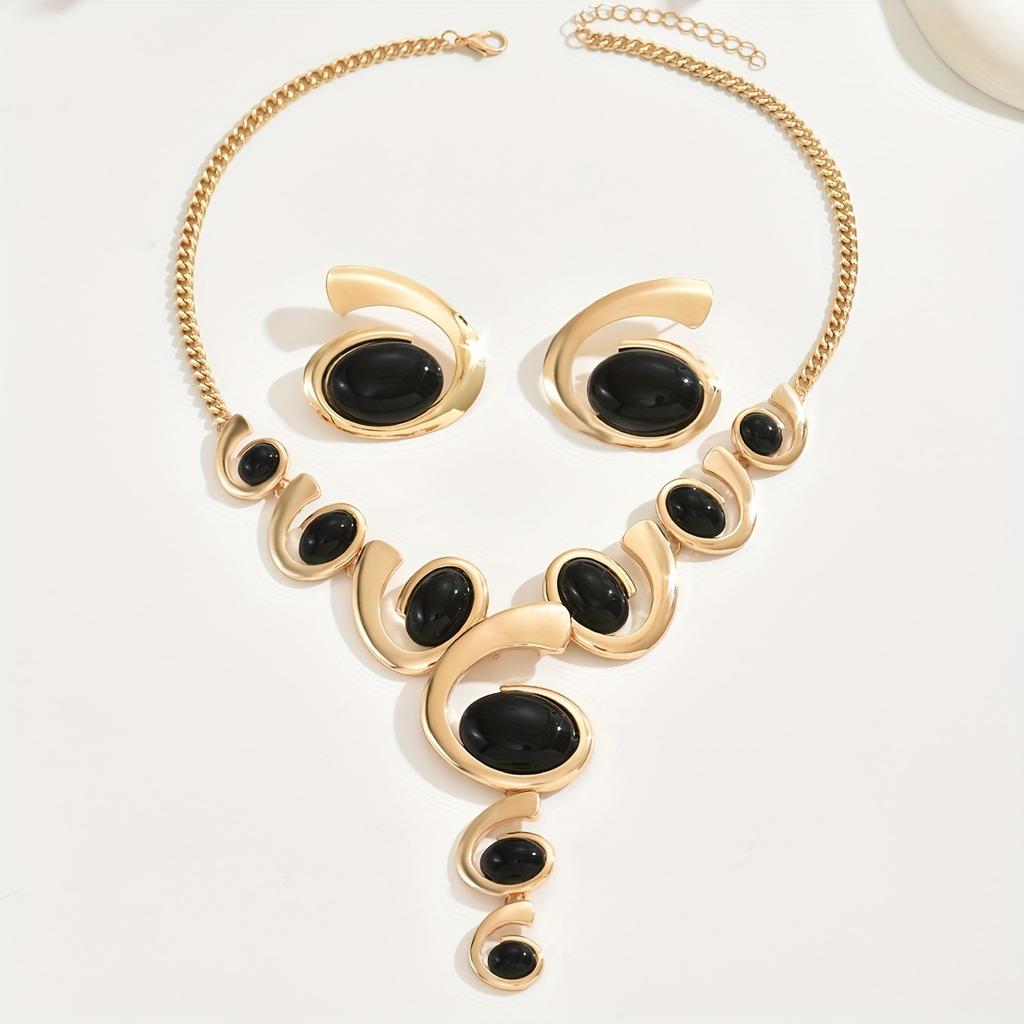 1 Set Boho Classic 2pcs Women'S Jewelry Set, Spiral Snail Shape with Black Rhinestone Inlay, Y-Necklace and Earrings