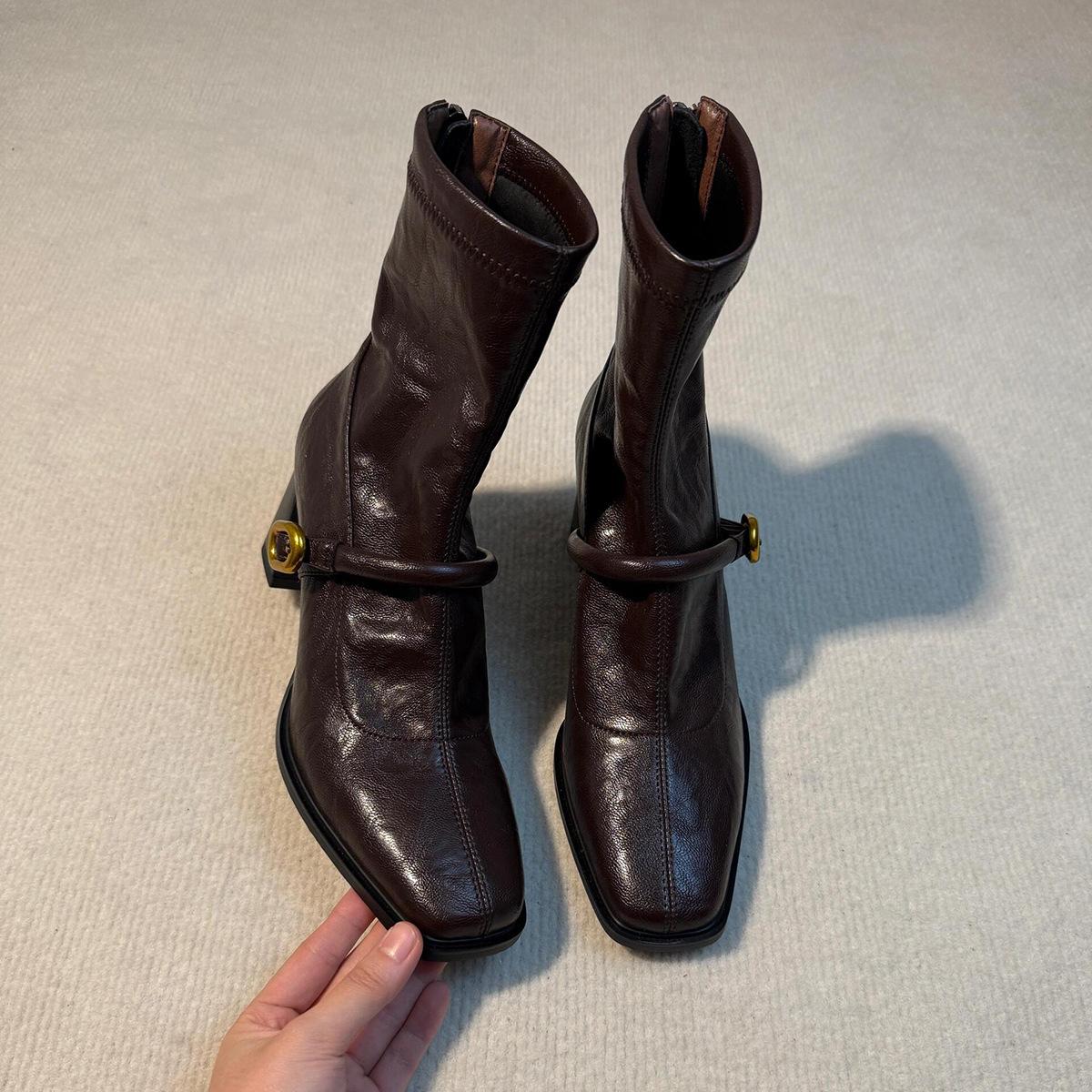 

Skinny Square Head Temperament Martin Boots Women s British Style High Heel Small Short Boots One-word Button Skinny Boots 40