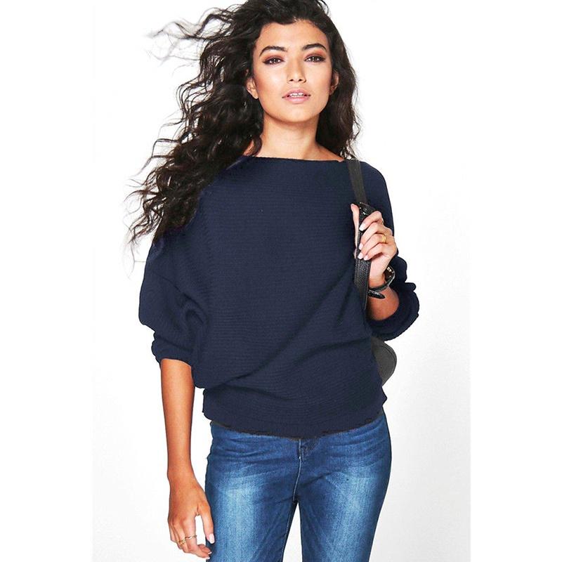 Female Autumn Sweaters Solid Color Bat Sleeve Knitted Casual Loose Pullovers for Women