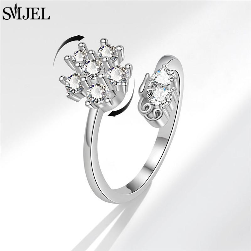 Luxury Anti Stress Anxiety Rings Fidget Spinner Ring Adjustable for Women Cute Flower Cat Starfish Ring Rotating Freely Jewelry