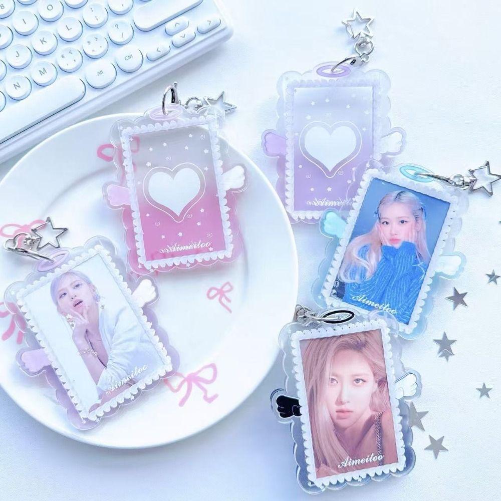 3 Inch Card Holder Clear Acrylic Display Kpop Photocard Holder with Keychain Colorful Angel Wings Star Holder Bags Bag Pendant