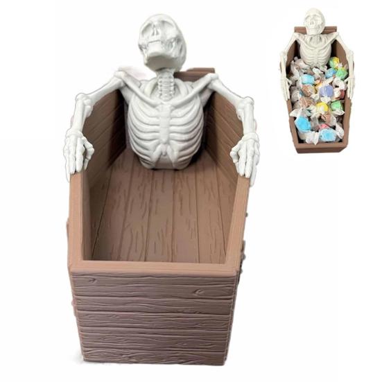 Gothic Halloween Candy Holder Casket Shape Candy Box with 3D Skeleton Figurine Spooky Desk Candy Bowl Small Serving Tray for Halloween Party Favors