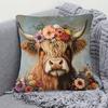 1Pc Boho Cow Floral Decor Pillow Cover - 18"X18" Polyester, Highland Cow With Vibrant Flower Crown Design, Zip Closure, Hand Was