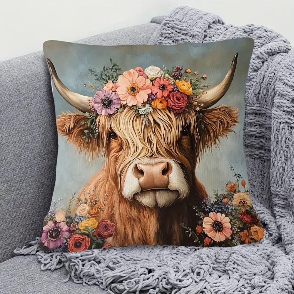 1Pc Boho Cow Floral Decor Pillow Cover - 18"X18" Polyester, Highland Cow With Vibrant Flower Crown Design, Zip Closure, Hand Was