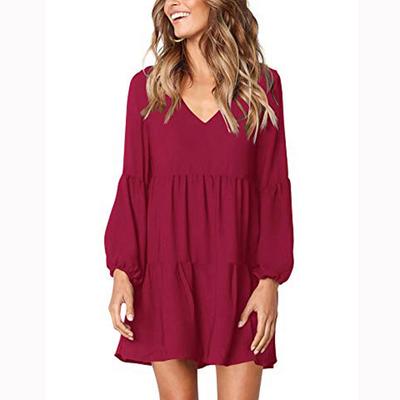 Fashion Women Solid  Long Sleeve V-Neck Draped Flowy Swing  Dress