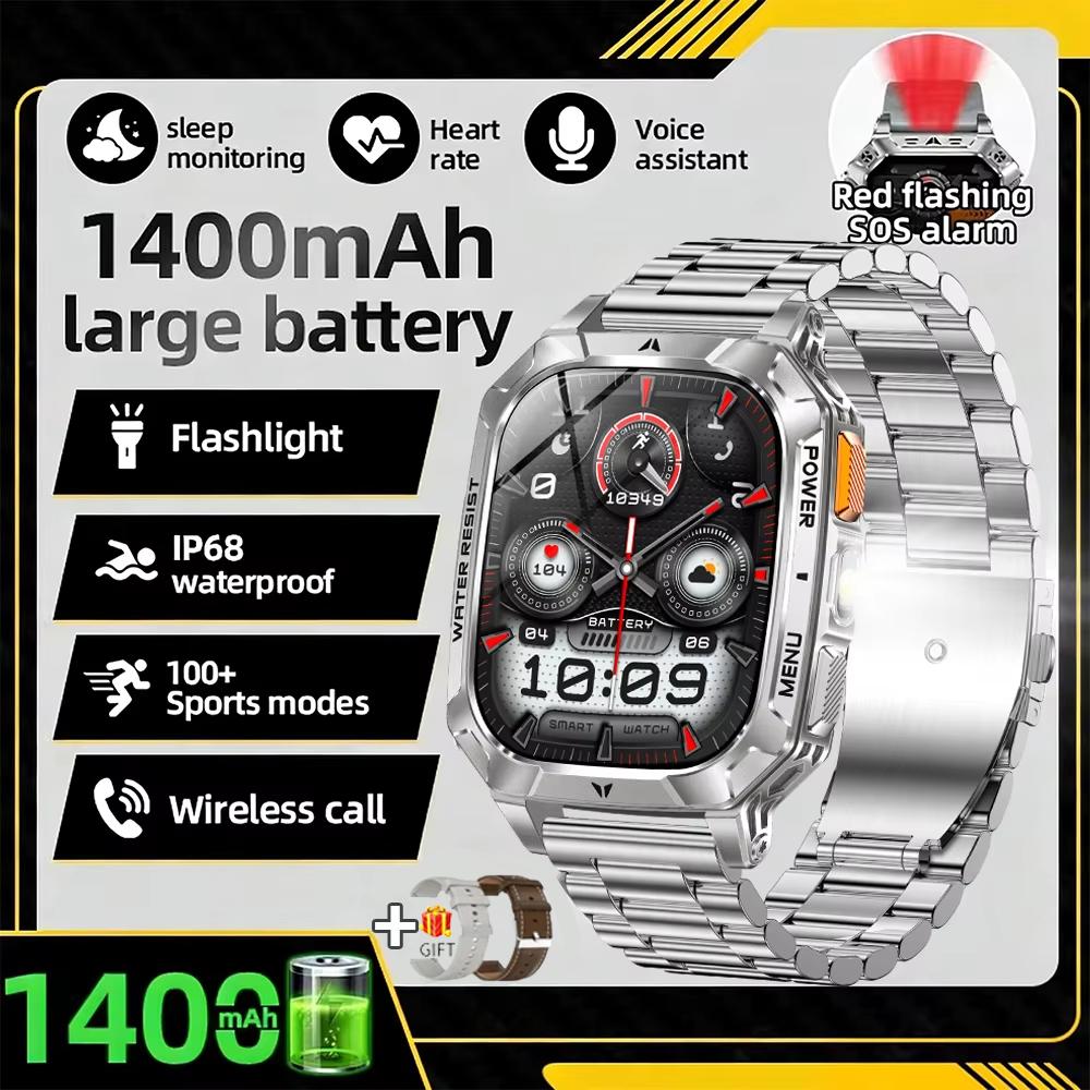 For Android iOS Watch Smart Call Sports Monitor Health Flashlight Waterproof IP68 Men Smartwatch Military Battery 1400 mAh New