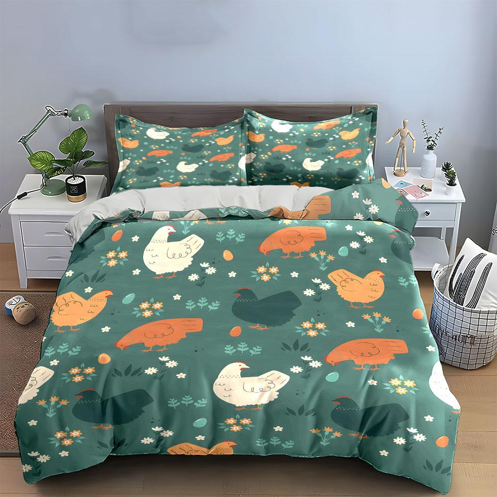 Farmyard Chicken Pattern Bedding Duvet Cover Set (1*Duvet Cover 2*Pillowcases, Without Duvet Insert)