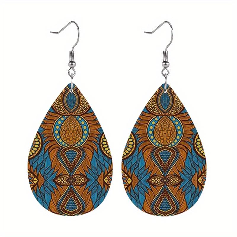 Vintage Bohemia Flowers Stripes Pattern Maillard Color Drop Earrings for Women Girls Ethnic Style Stud Earrings Festival Jewelry Christams Jewelry