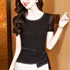 Women's Round Neck Mesh Short Sleeve T-Shirt Summer Irregular Rhinestone Undershirt Elegant Dance Top