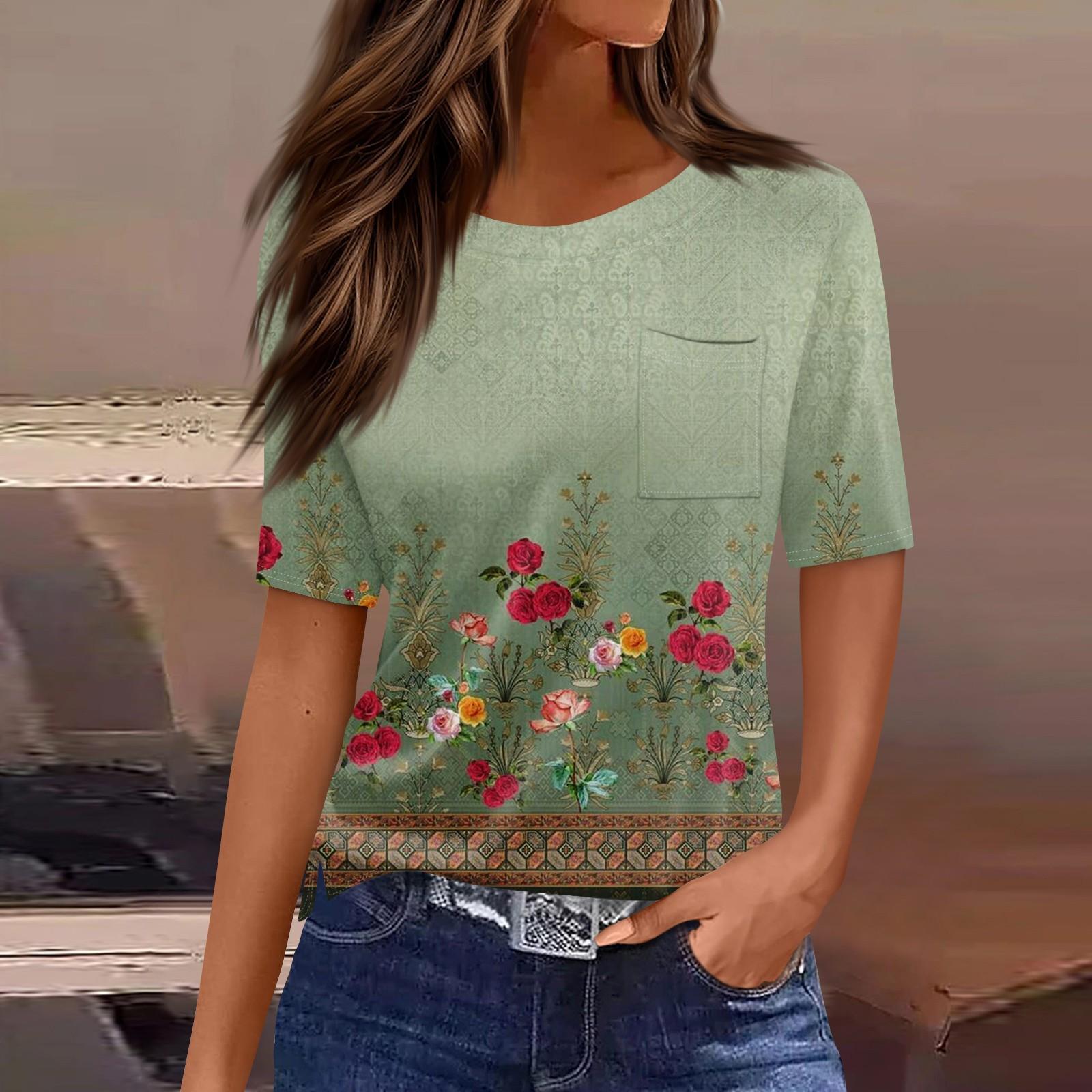 

Футболки для женщин, плиссированные, с круглым вырезом, нарядные, повседневные, блузки с принтом, с коротким рукавом, летние топы, свободный крой L зелёный