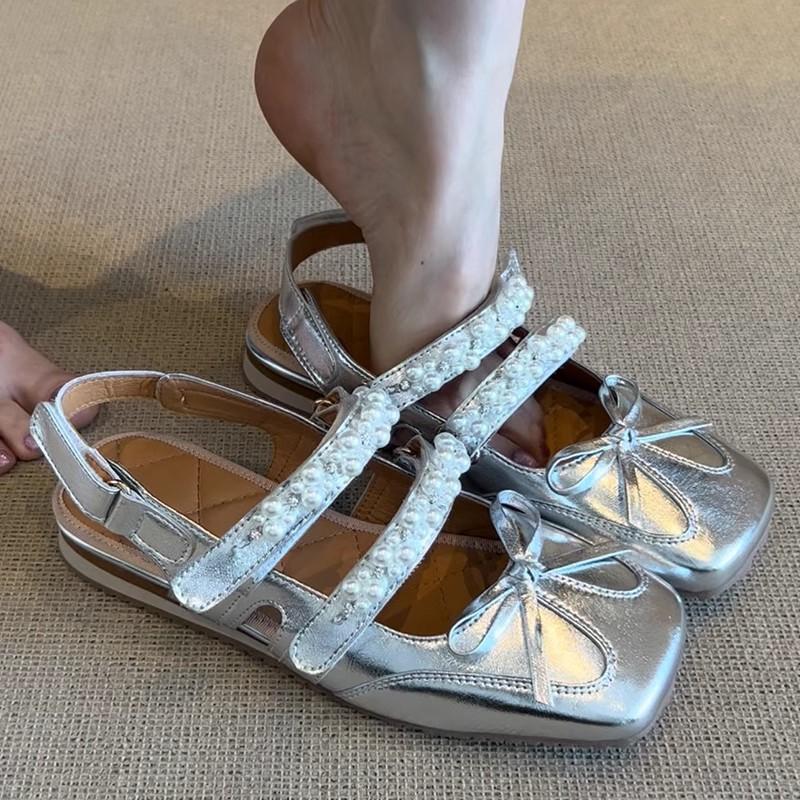 

Sheepskin version~ French temperament pearl Velcro bag head sandals women s round head flat bottom light mouth bow cool slippers 39 золотой