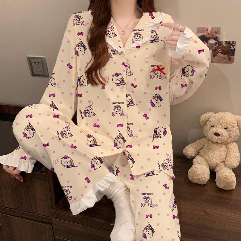 

Женская пижама из имитации хлопка, новинка весны, в милый горошек, с кружевом, с длинным рукавом, домашняя одежда, модный комплект из двух предметов 2XL [Recommended 130-72.5kg]