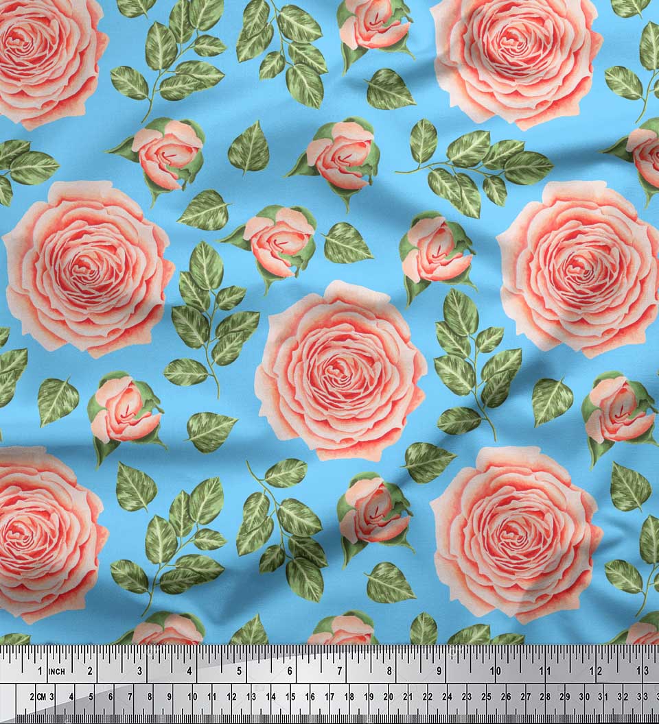 

Блакитна бавовняна тканина Soimoi із квітковими принтами з листя та камелій на метри 42 дюйми 42 Inch Wide - Viscose Chiffon світло-синій колір