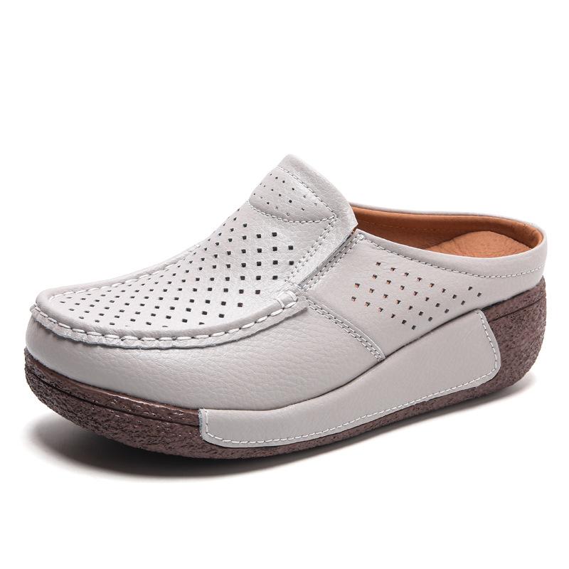 Genuine leather comfortable thick-soled bag head half slippers women's summer wear breathable hollow soft bottom slope heel cool slippers