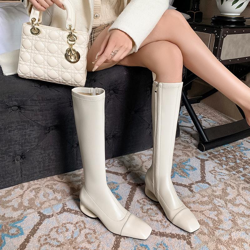 Autumn and Winter Velvet Knight Boots Square Head and Legs But Knee White Thin Boots Elastic Boots Long Boots High Boots Long Boots