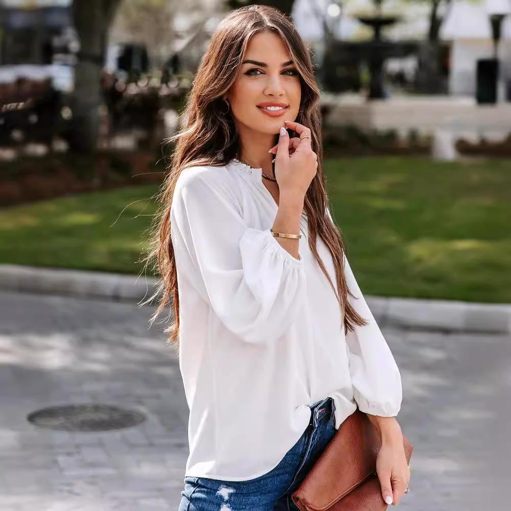 Spring and Autumn Women's Cool Long Sleeve Shirt Solid Color Casual V-Neck Loose Top