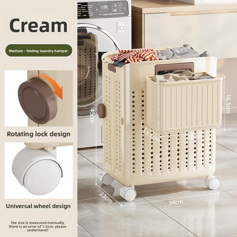 Household Storage Basket Foldable Hollow Out Dirty Clothes Basket with Movable Sliding Wheel Plastic Sorting Basket