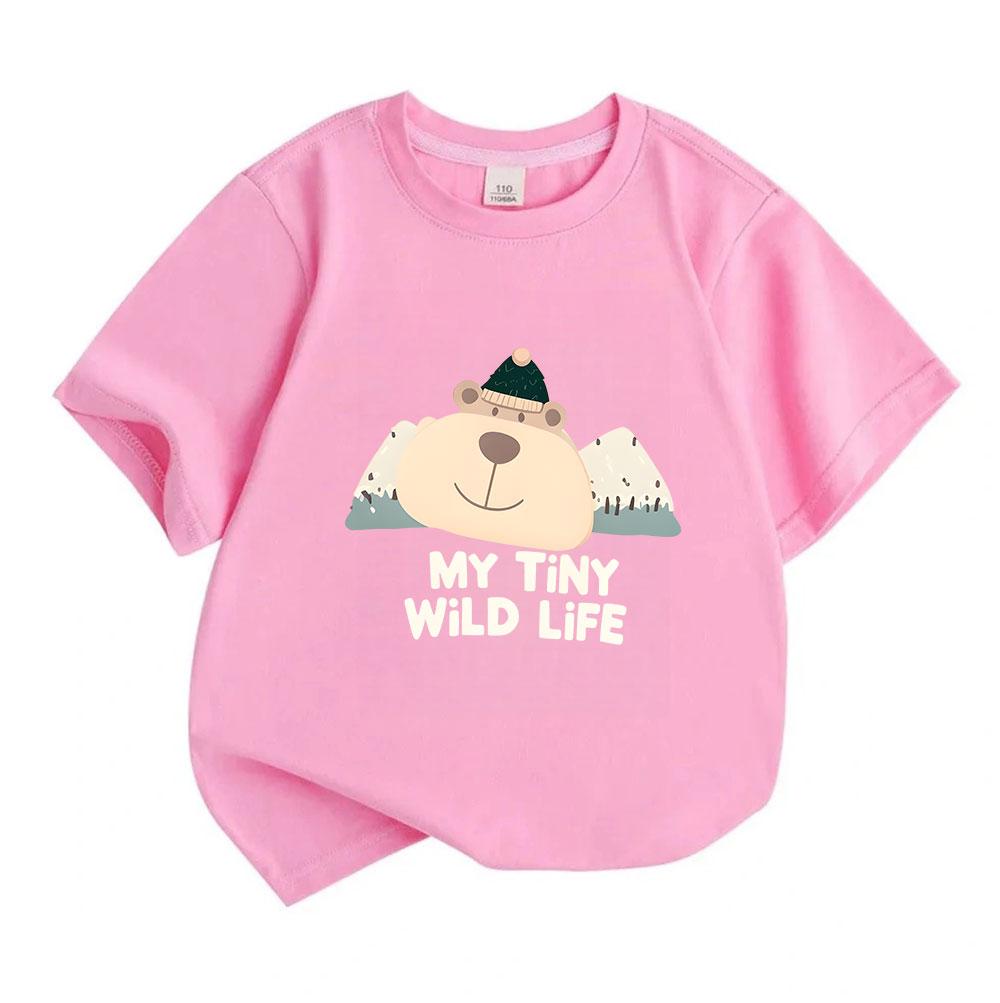 Toddler Kids Boys Girls 100% Cotton Crew Neck Short Sleeve T-Shirt, Cute Cartoon Bear My Tiny Wild Life Print Casual Soft Breathable Summer Tee for Li