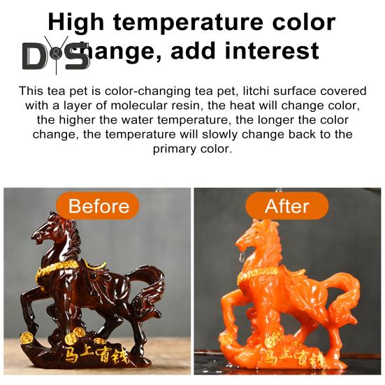 Escultura de resina para mascota de té con forma de caballo que cambia de color, adorno de caballo con base de símbolo de dinero de alta temperatura, decoración del hogar para la ceremonia del té, exhibición de riqueza