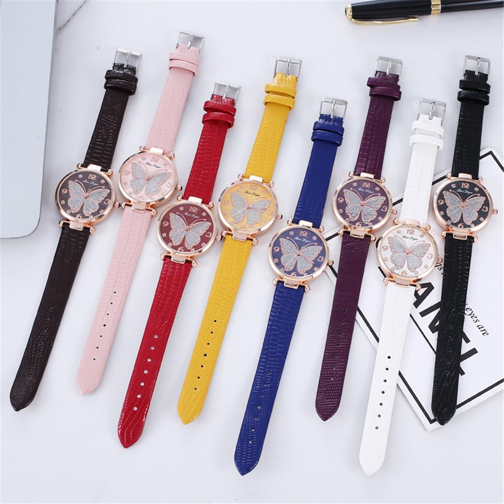 Women Butterfly Rhinestone Dial Quartz Watche Ladies Wristwatche Simple Leather Clock