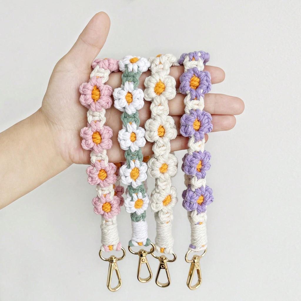 Braccialetto a margherita bohémien all'uncinetto fatto a mano, multiuso come cordino portachiavi e corda per manico borraccia. Carino accessorio Y2K, ottimo per fare un regalo.