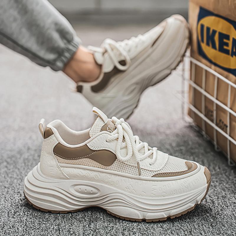 Thick-soled men's casual sports shoes 2025 New mesh lace-up breathable loafers Men's fashionable walking shoes