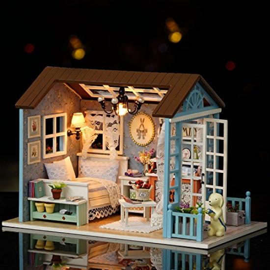 Dollhouse Building Handmade Craft Blue Miniature Bed Kit, Kit, Set, Room, Dog, Puppy, Flowers,