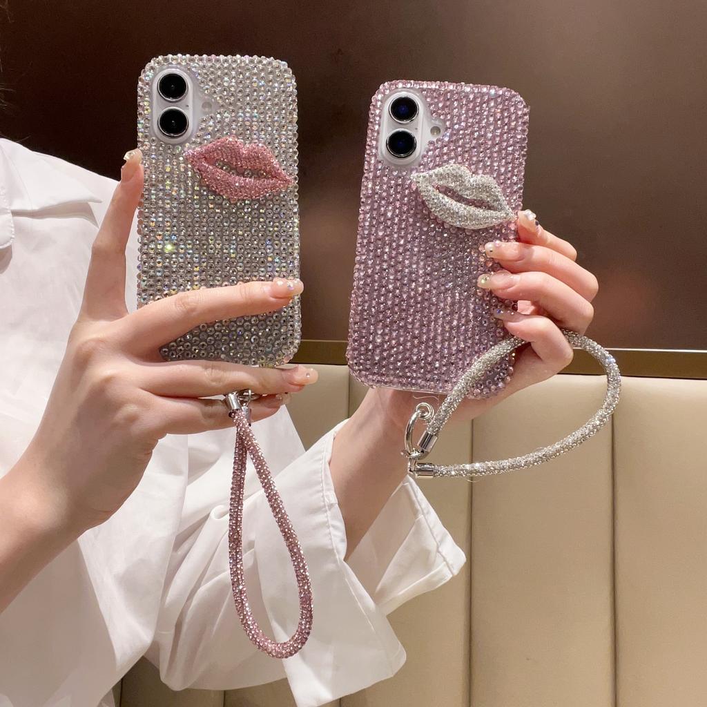 For iPhone 16 Case with Strap Full Rhinestone Lip Decor TPU+PC Phone Back Cover