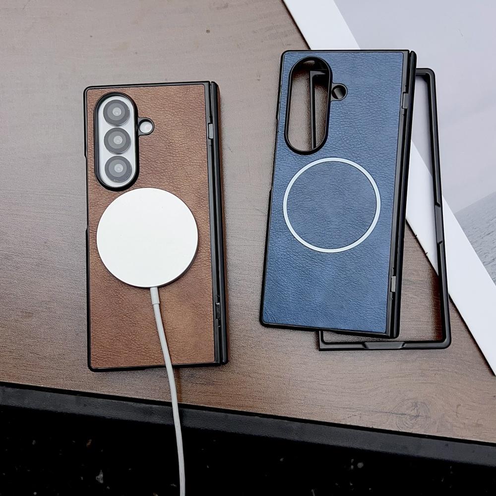 Luxury Busine Sle Leather Hinge Magnetic Phone Case for Original Samsung Galaxy Z Fold 7 6 5 4 3 Magsafe Wireless Charging Cover