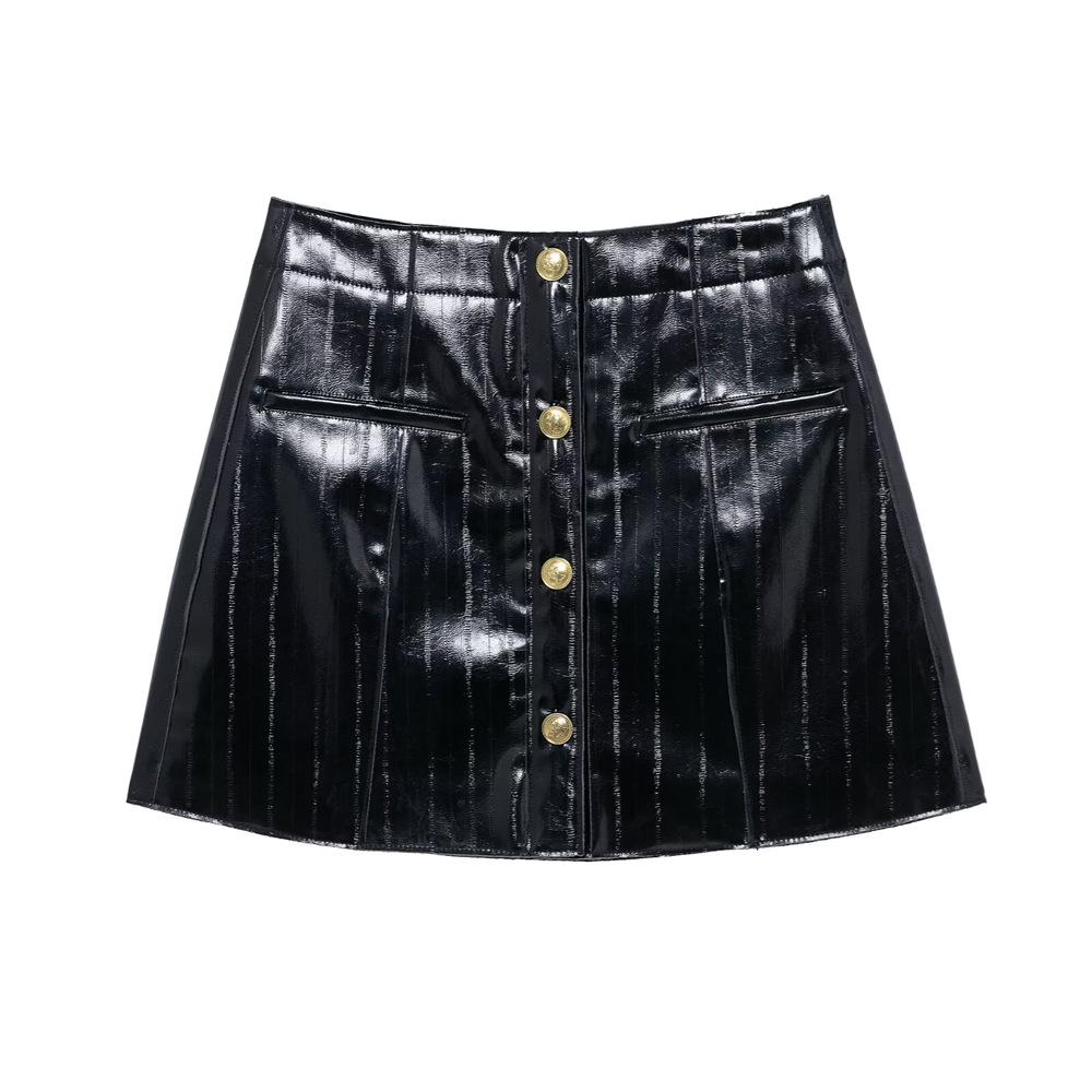 

2025 Spring Women s Fashion High-Waisted Shiny Faux Leather Short Skirt XS чёрный