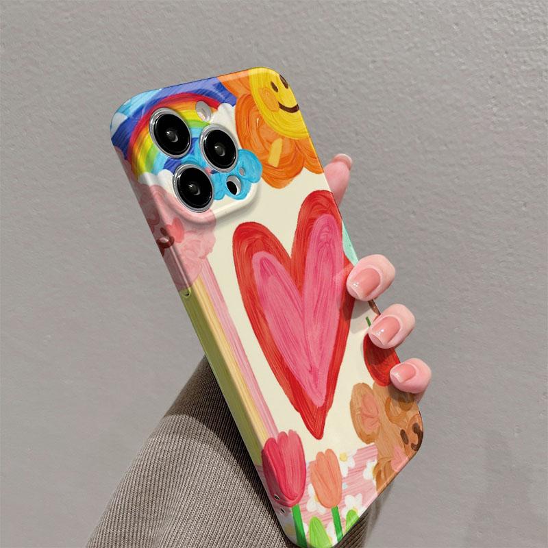 Cartoon Love Heart Pattern Glossy Film Hard PC Phone Case for Oppo A6 A5 A78 A3 A3X A60 A74 A38 A36 A17 A16e A55 Pro 4G 5G