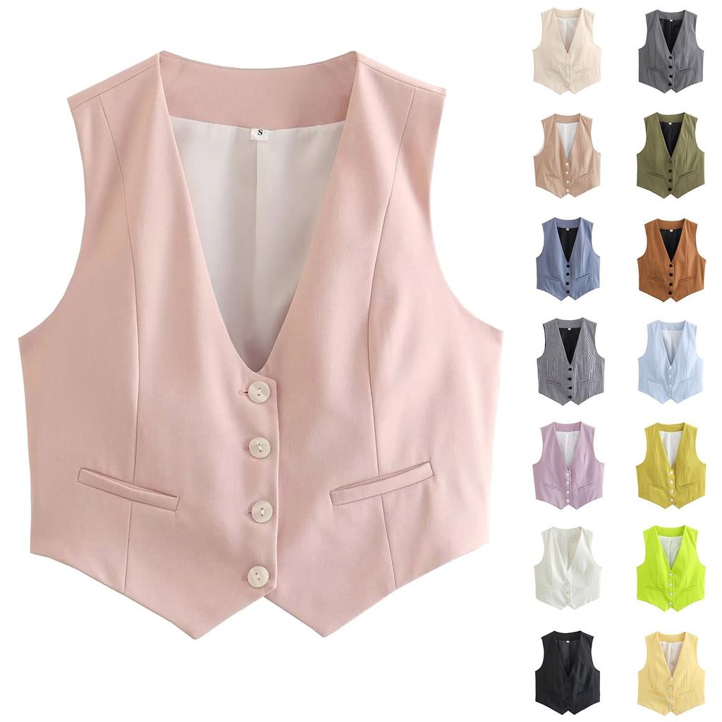 Dames Retro Ensfarget Godterifarge V-hals Kort Dressvest