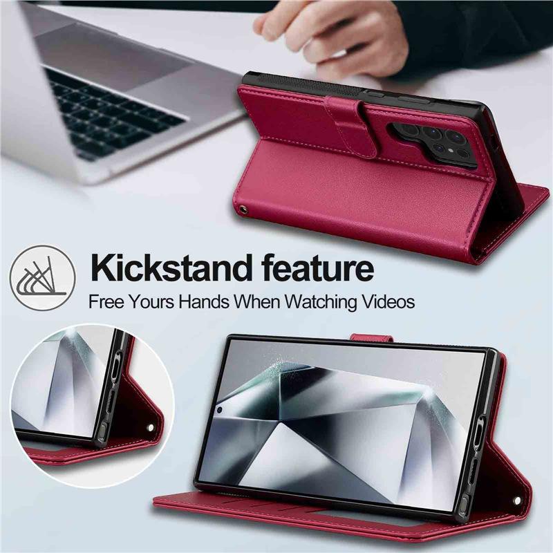 2-in-1 Magnetic Detachable Case for Samsung S25 Ultra, A17 Flip Cover with Card Slot and Lanyard, Leather Case A5655