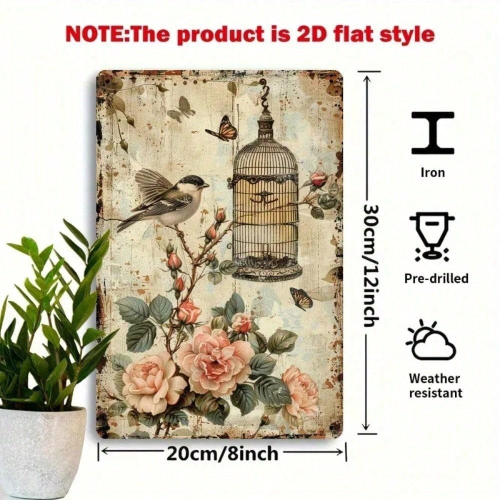 Vintage Retro Rose Bird Metal Sign 8x12 Inch Rustproof Iron Wall Art For Living Room Bedroom Home Decor