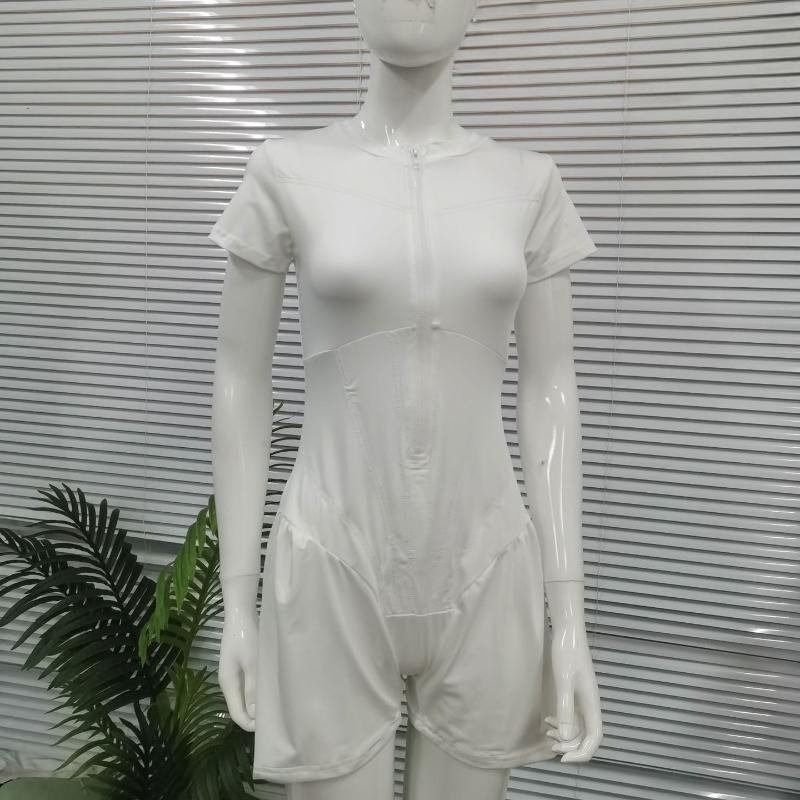 Europejska i amerykańska damska spódnica kombinezonowa z okrągłym dekoltem, jednolitym kolorem, krótkim rękawem i zamkiem błyskawicznym