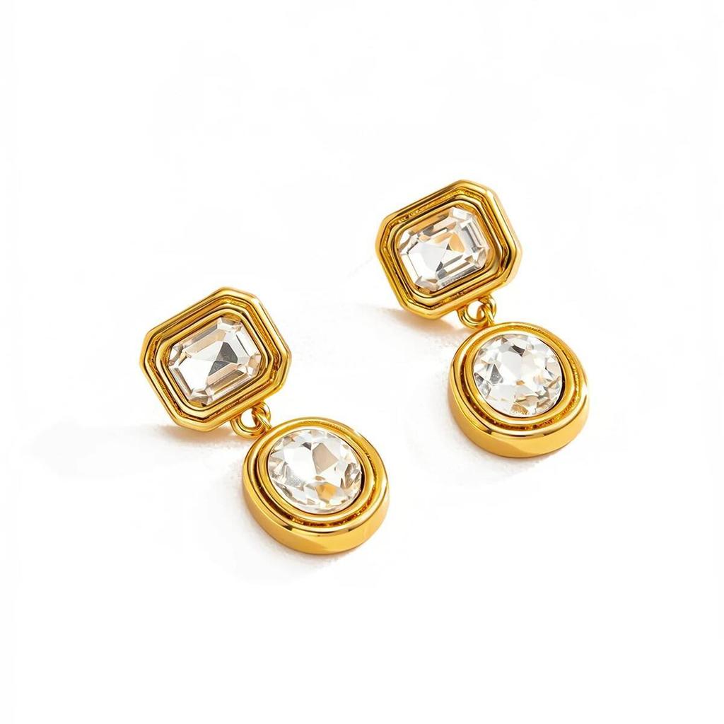 Salircon 2026 New Exquisite Shiny Big Rhinestones Stainless Steel Drop Earring Women 18K Gold Plated Square Oval Pendant Jewelry