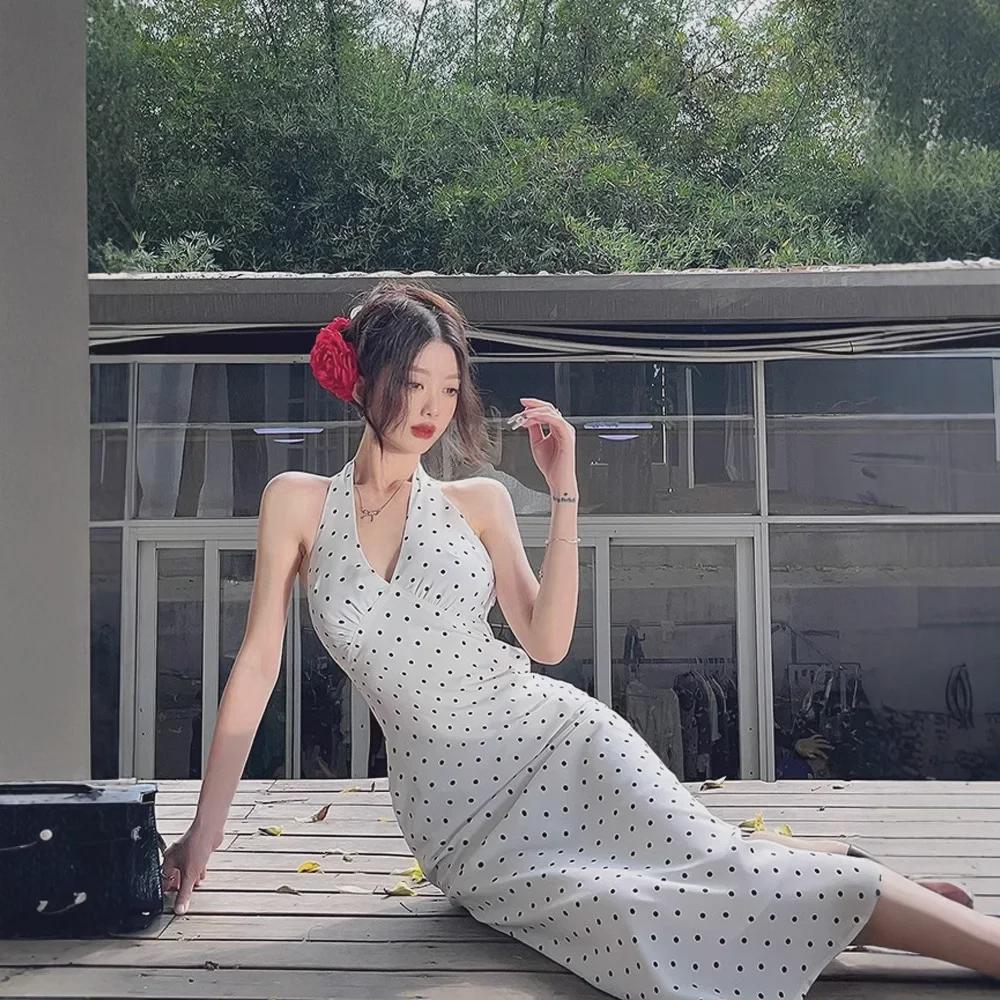 Women's 2025 French Seaside Halter Backless Polka Dot Maxi Dress
