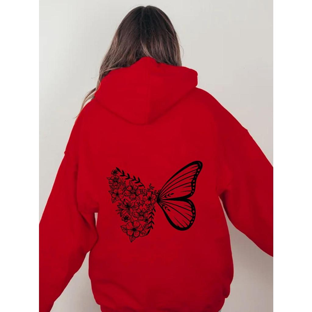 Women'S Fleece Shoulder Sleeve Sweater Letter Print Kangaroo Pocket Drawstring Butterfly Hoodie