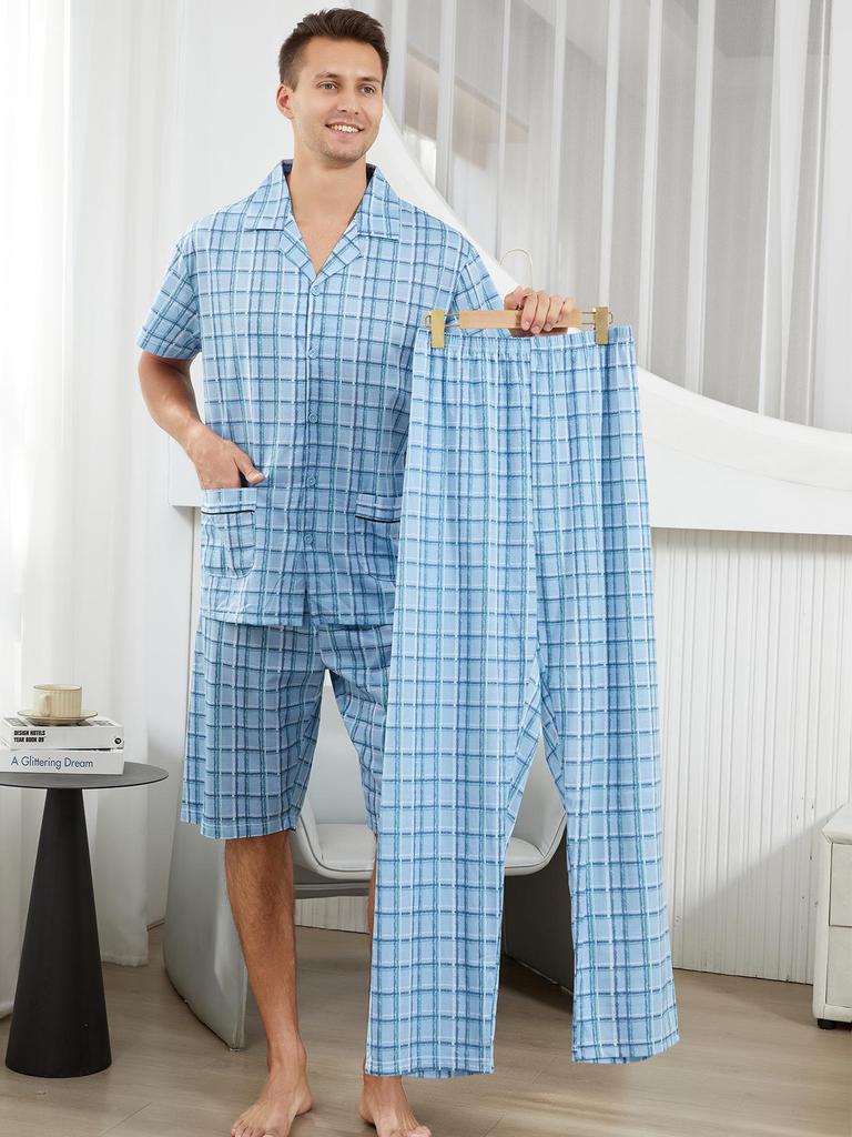 Men's Summer Cotton Pajamas 3-Piece Set: Short Sleeve Top, Long Pants, Casual Thin Shorts Home Wear