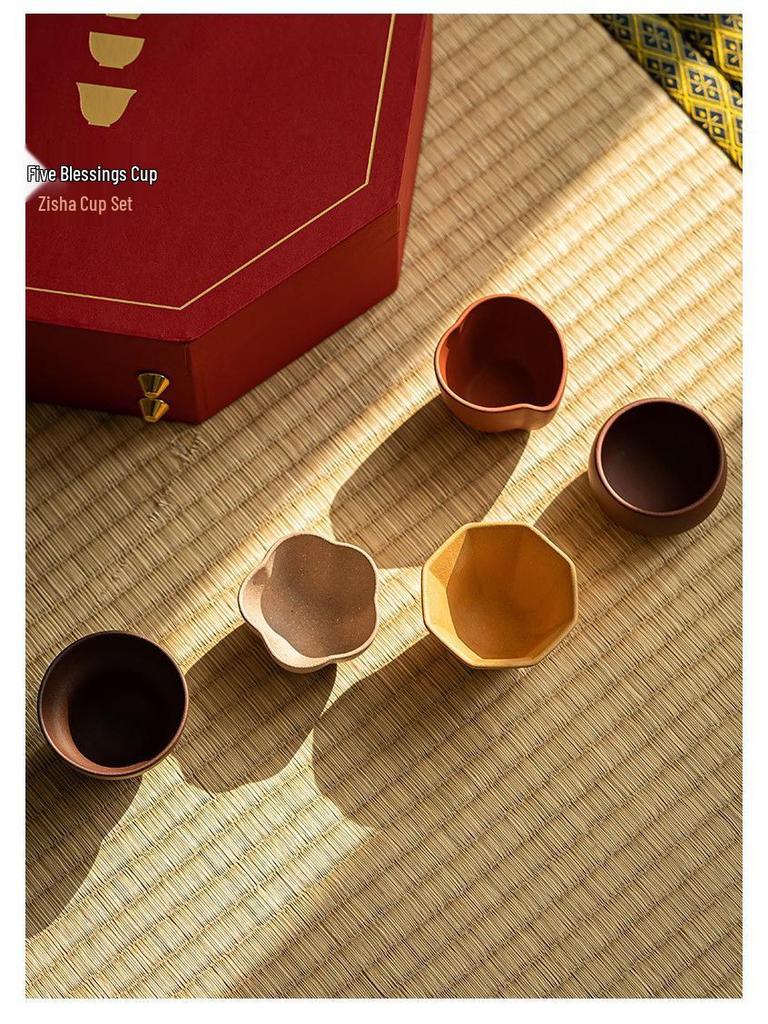 Retro Wenchuang Zisha Ceramic Teacup Gift Box with Five Blessings Logo - Perfect Souvenir for Clients and Leaders