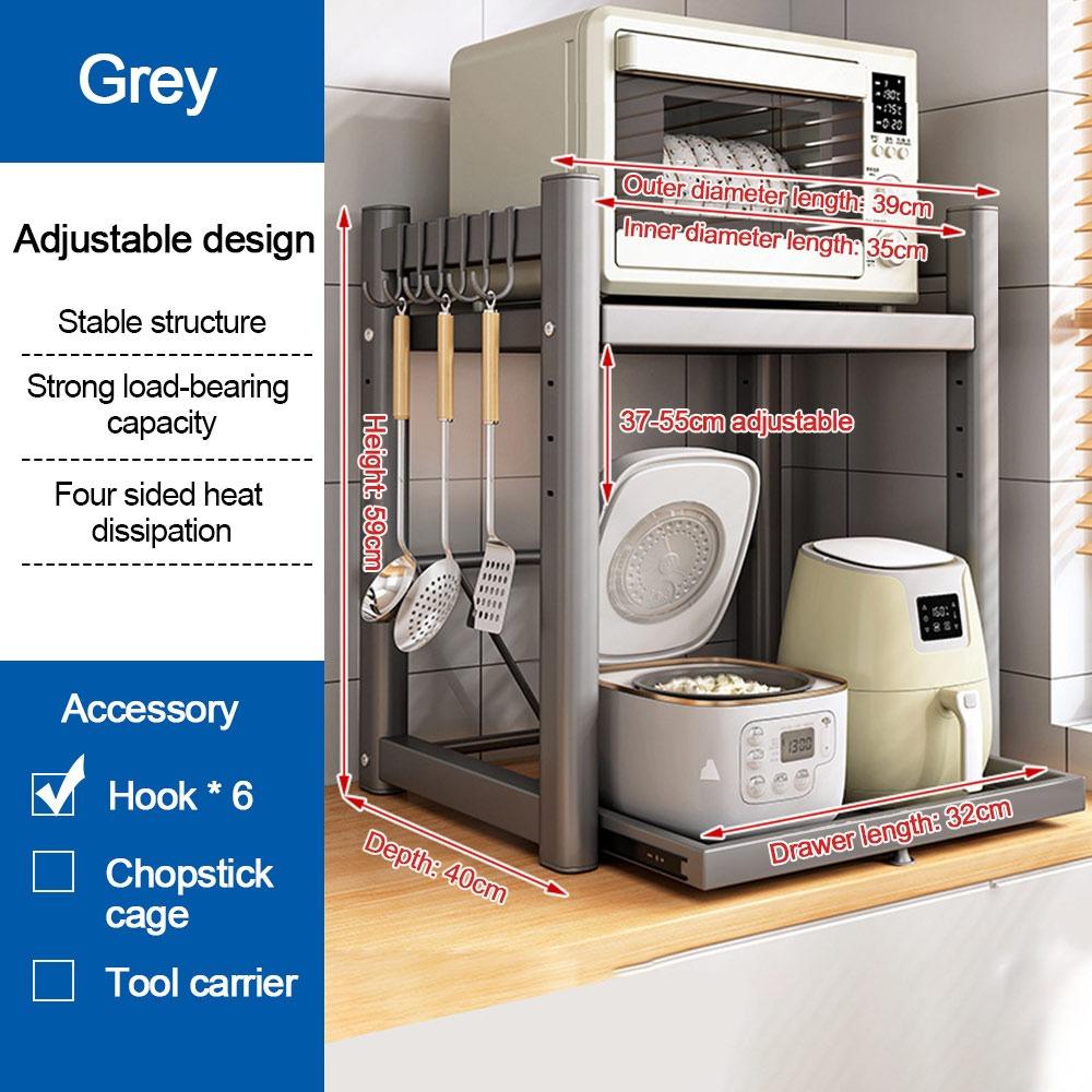 

New Pull-Out Microwave Storage Rack Carbon Steel 2 Layers Countertop Organizer White Grey Rice Cooker Stand сірий