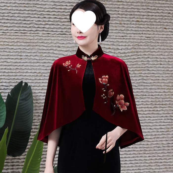 Embroidered Gold Velvet Qipao Shawl Cape - Elegant Women's Short Jacket