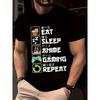 European Sizes Men'S Summer Casual T-Shirt, Unique Comic Style 3DS Numeric Print - "Eat, Sleep, Anime, Gaming,Repeat" Pattern,Round Neck,Short Sleeve,