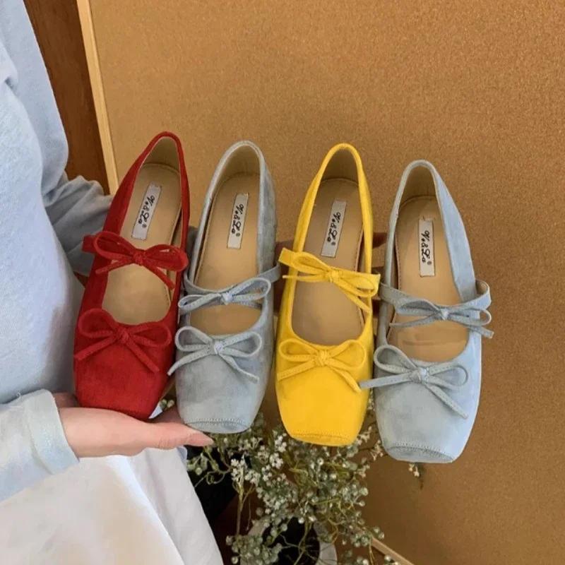 Women's Mary Jane Shoes Square Toe Bow Flannel Shallow Mouth Shoes Women Dress Increase Internal Height 2025 Zapatillas De Mujer