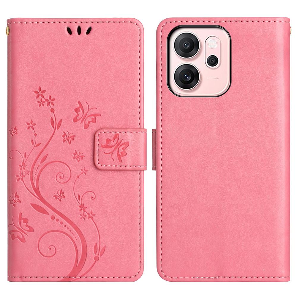 For Oppo Reno14 F 5G Leather Wallet Case Butterfly Flower Imprinted Phone Cover with Strap